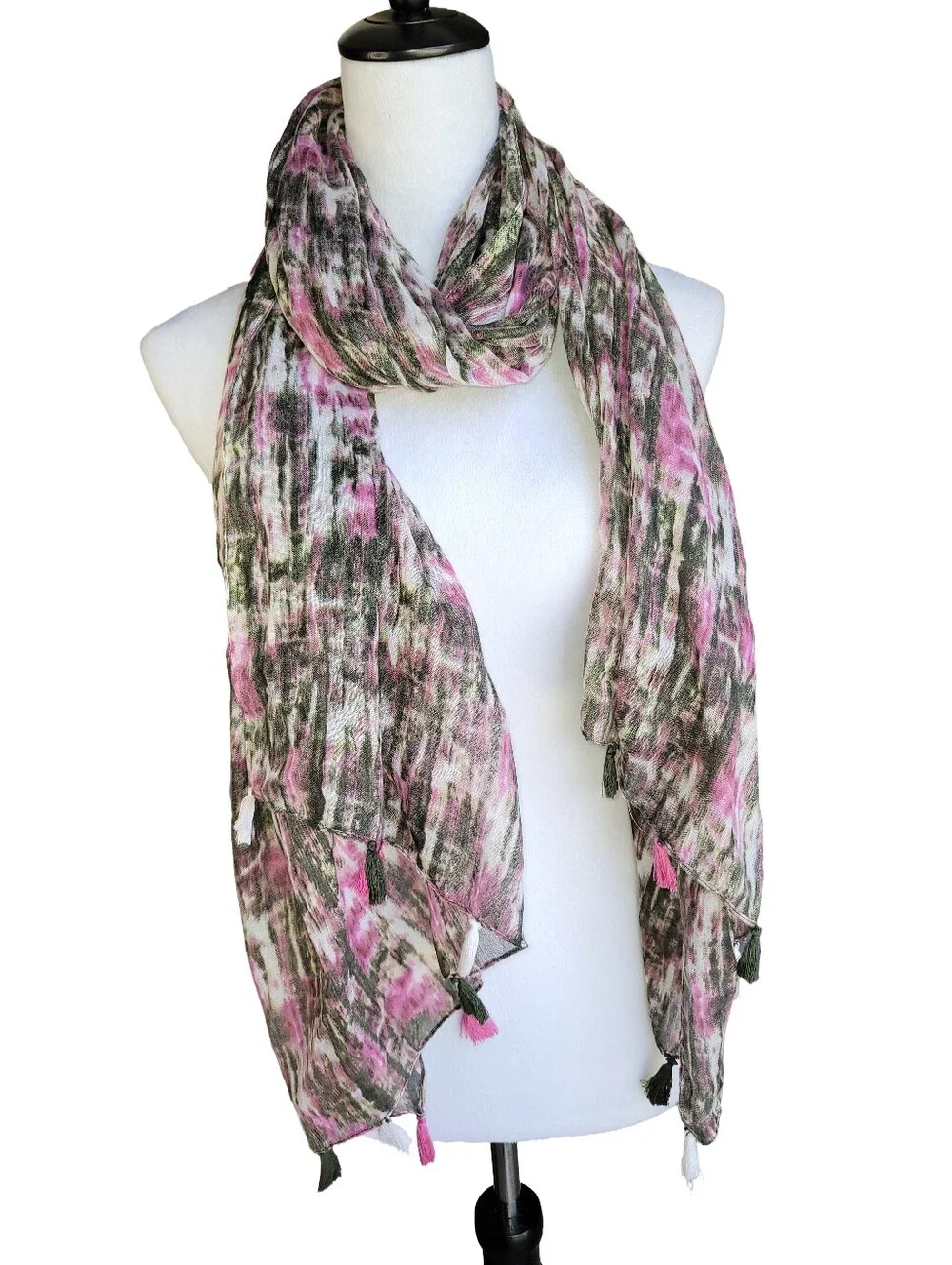 Abstract Print Tasseled Scarf Pink Black White Lightweight Accessory